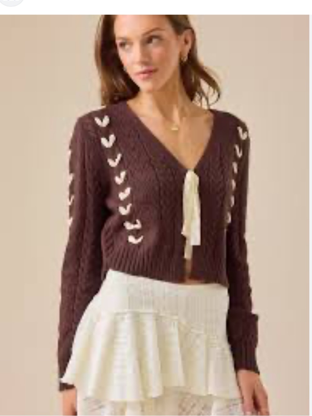 Altar'd State Brown V-Neck Crochet Knit Sweater with Cream Tie Lace Bow